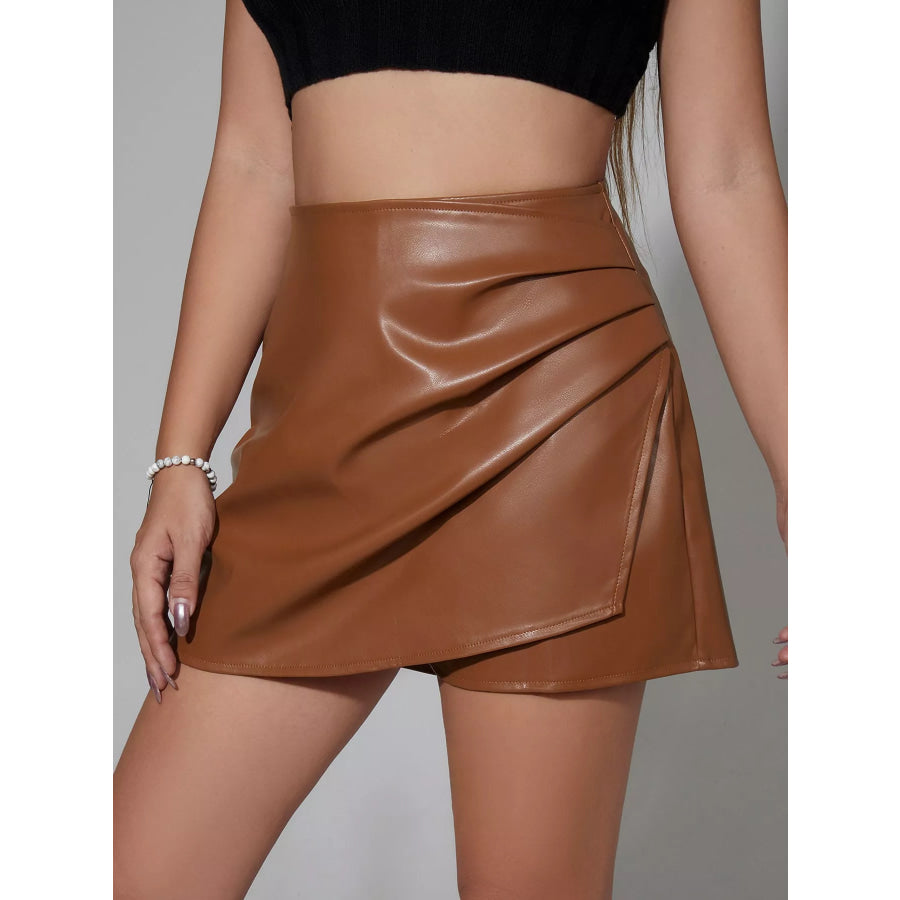 High-Waisted Ruched Faux Leather Skort Apparel and Accessories