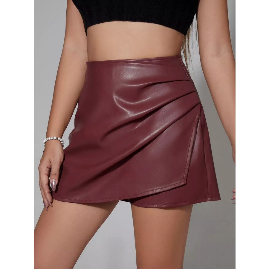 High-Waisted Ruched Faux Leather Skort Apparel and Accessories