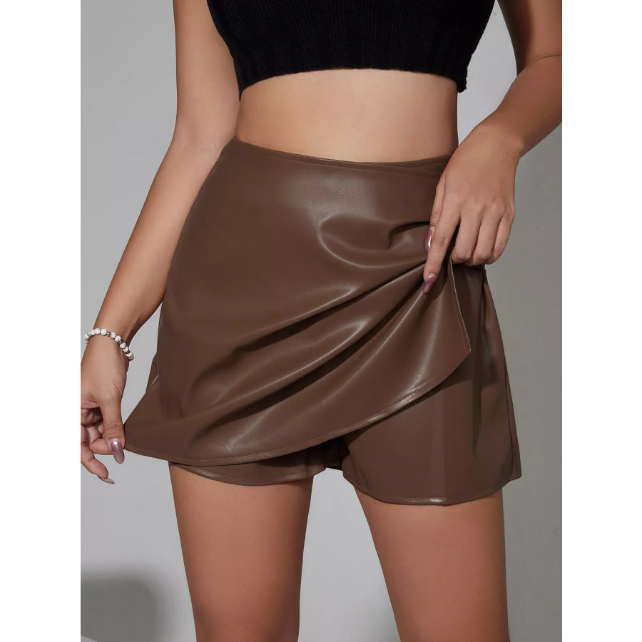 High-Waisted Ruched Faux Leather Skort Apparel and Accessories