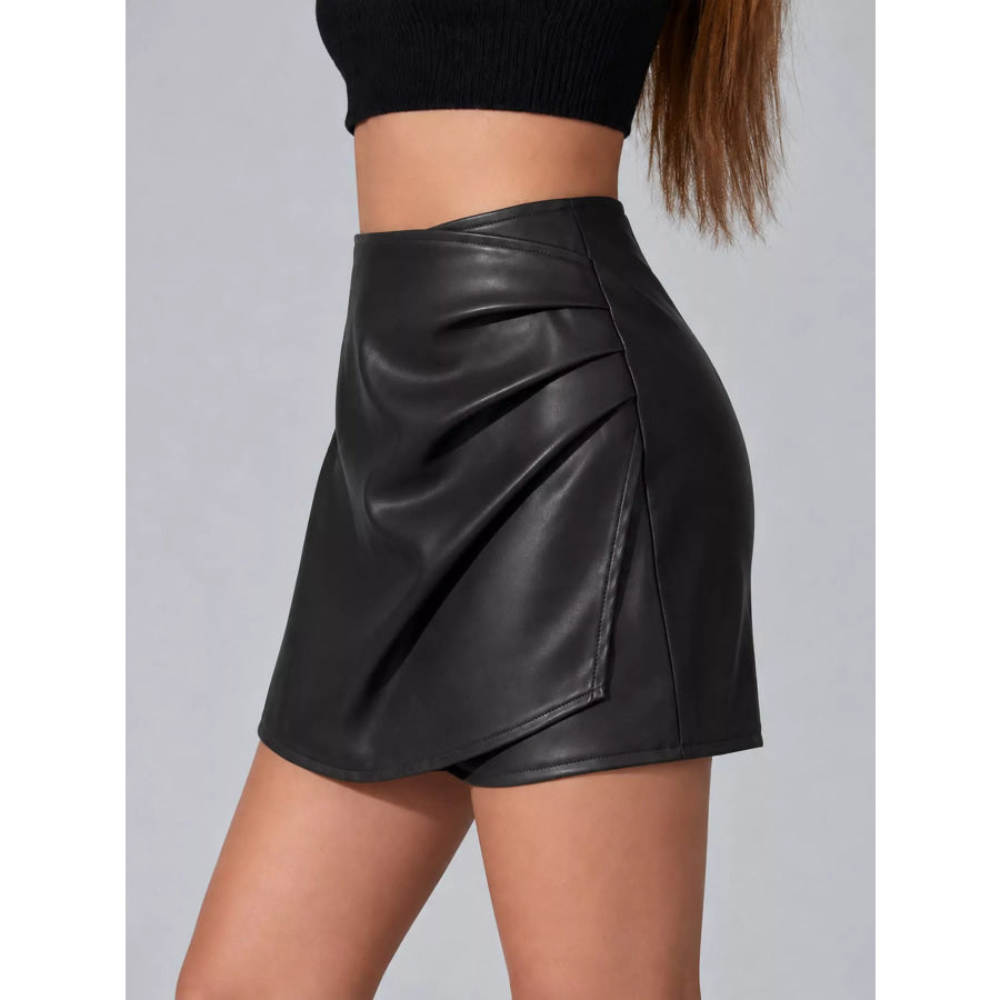High-Waisted Ruched Faux Leather Skort Apparel and Accessories