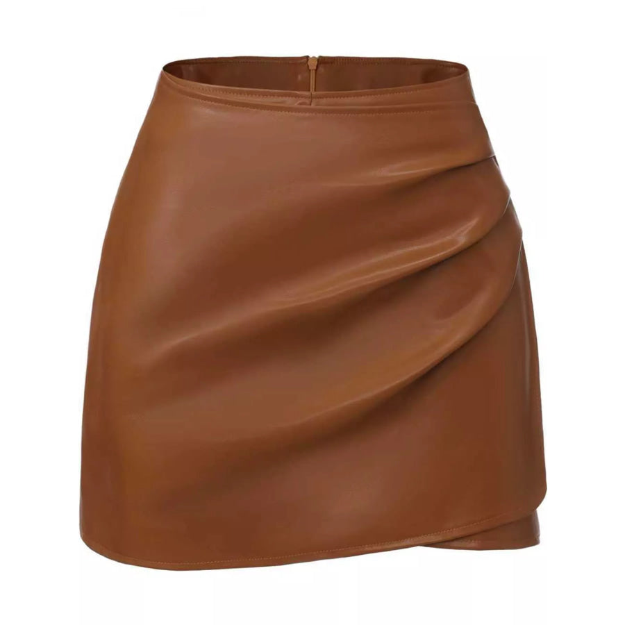 High-Waisted Ruched Faux Leather Skort Apparel and Accessories