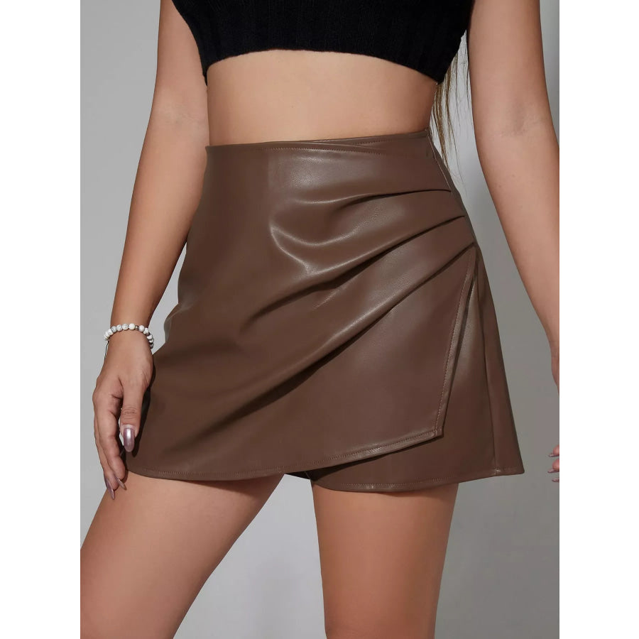 High-Waisted Ruched Faux Leather Skort Apparel and Accessories