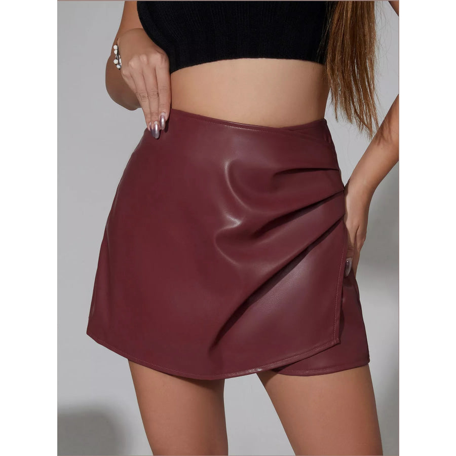 High-Waisted Ruched Faux Leather Skort Burgundy / S Apparel and Accessories