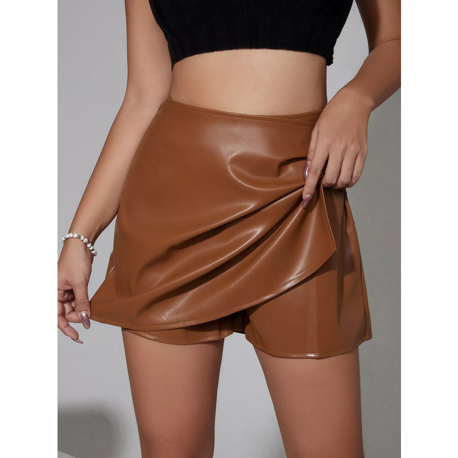 High-Waisted Ruched Faux Leather Skort Khaki / S Apparel and Accessories