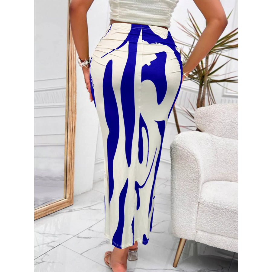 High-Waisted Ruched Printed Maxi Skirt Apparel and Accessories