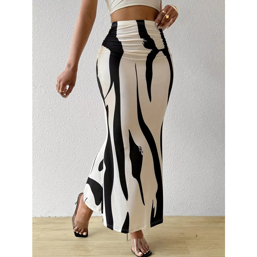 High-Waisted Ruched Printed Maxi Skirt Apparel and Accessories