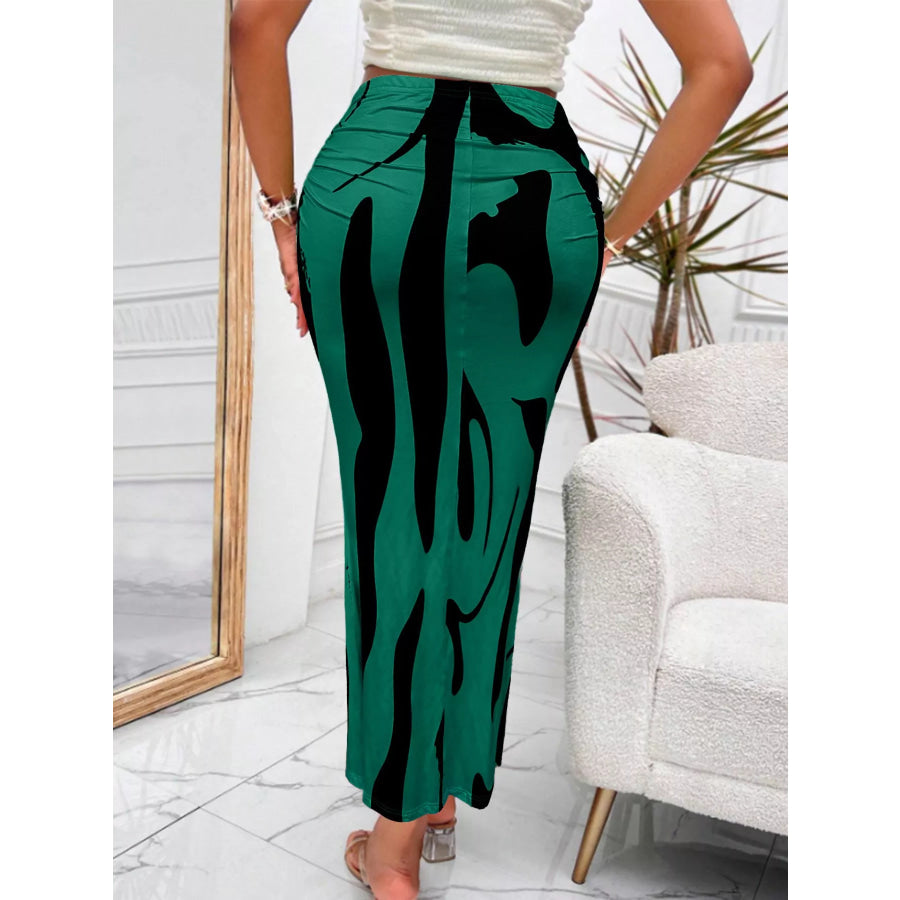 High-Waisted Ruched Printed Maxi Skirt Apparel and Accessories
