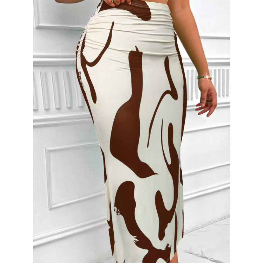 High-Waisted Ruched Printed Maxi Skirt Apparel and Accessories