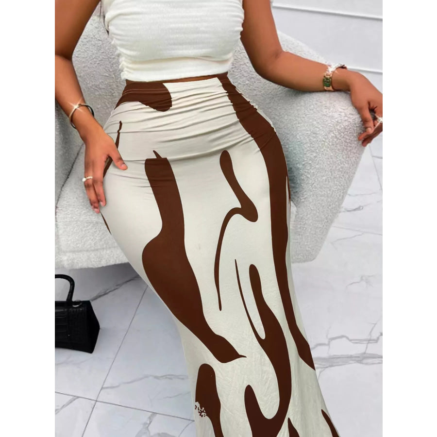High-Waisted Ruched Printed Maxi Skirt Apparel and Accessories