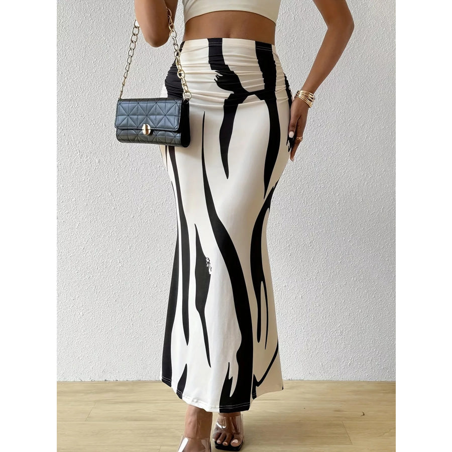 High-Waisted Ruched Printed Maxi Skirt Apricot / S Apparel and Accessories