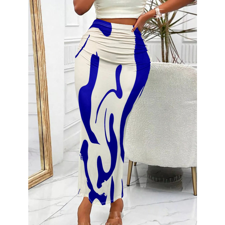 High-Waisted Ruched Printed Maxi Skirt Blue / S Apparel and Accessories