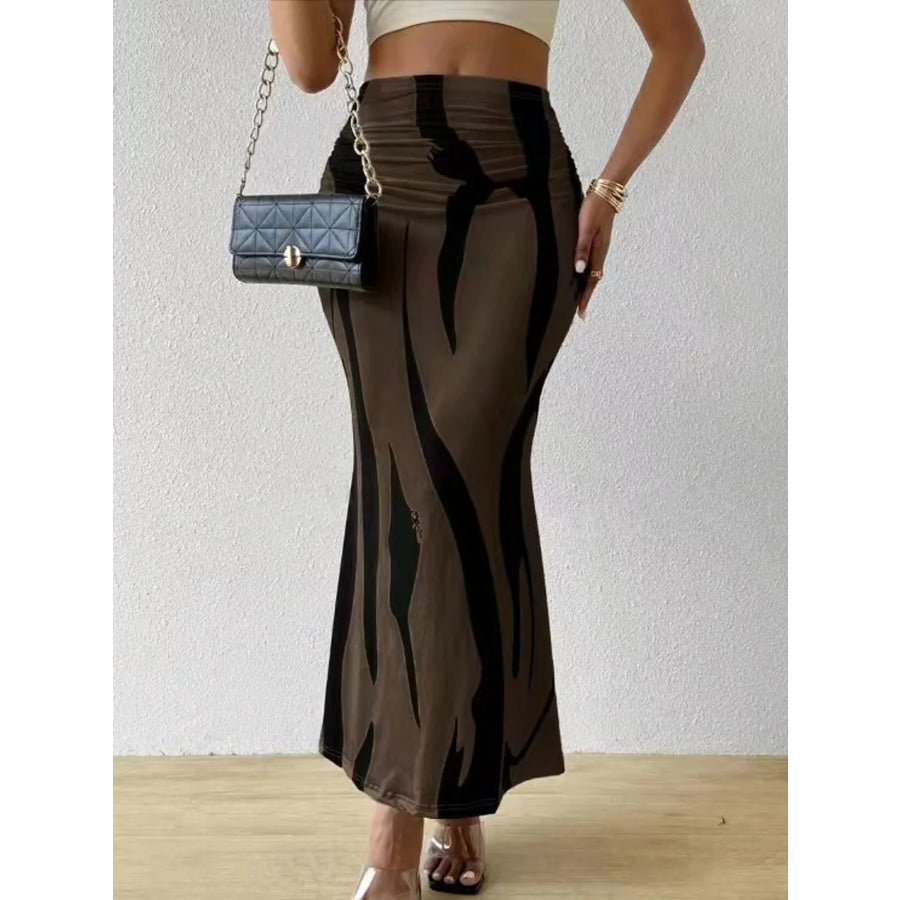 High-Waisted Ruched Printed Maxi Skirt Brown / S Apparel and Accessories