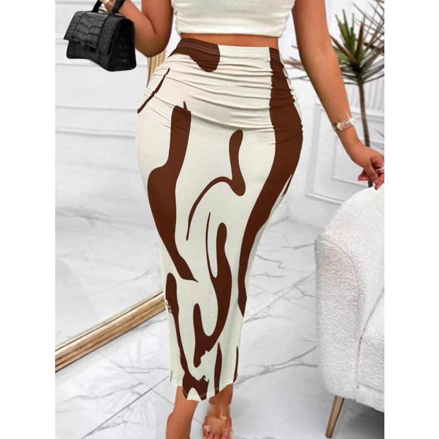 High-Waisted Ruched Printed Maxi Skirt Coffee / S Apparel and Accessories