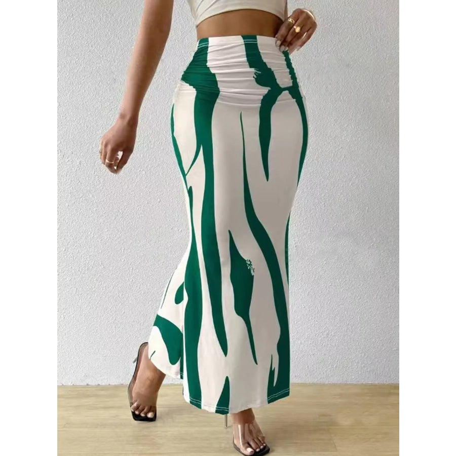 High-Waisted Ruched Printed Maxi Skirt Green / S Apparel and Accessories
