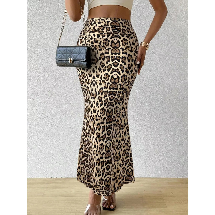 High-Waisted Ruched Printed Maxi Skirt Leopard Print / S Apparel and Accessories