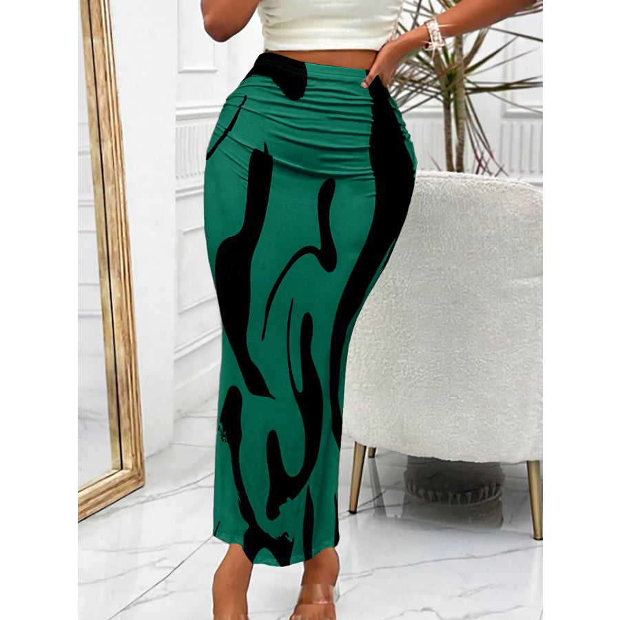 High-Waisted Ruched Printed Maxi Skirt Peacock Green / S Apparel and Accessories