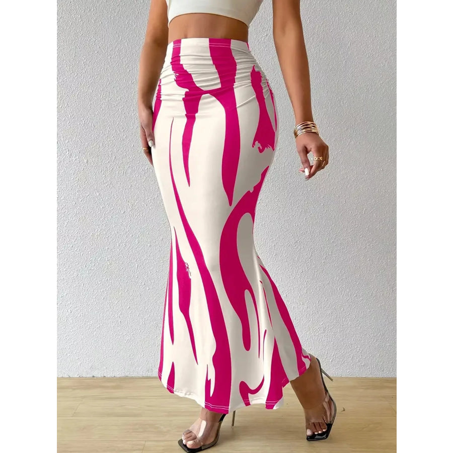 High-Waisted Ruched Printed Maxi Skirt Rose Red / S Apparel and Accessories