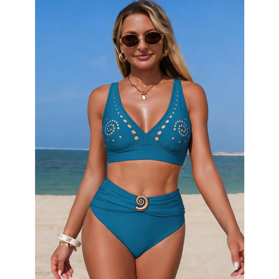 High-Waisted Ruched Swim Set with Cutout Detail Apparel and Accessories