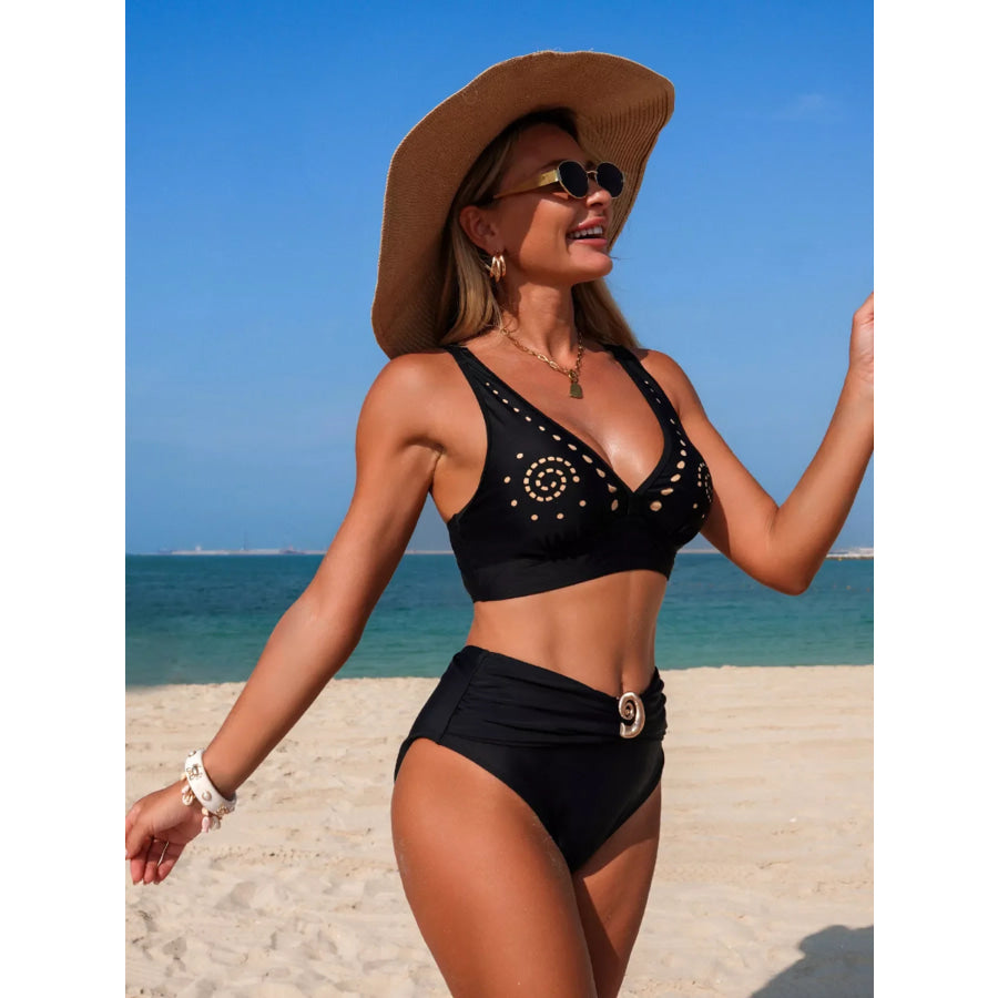 High-Waisted Ruched Swim Set with Cutout Detail Apparel and Accessories