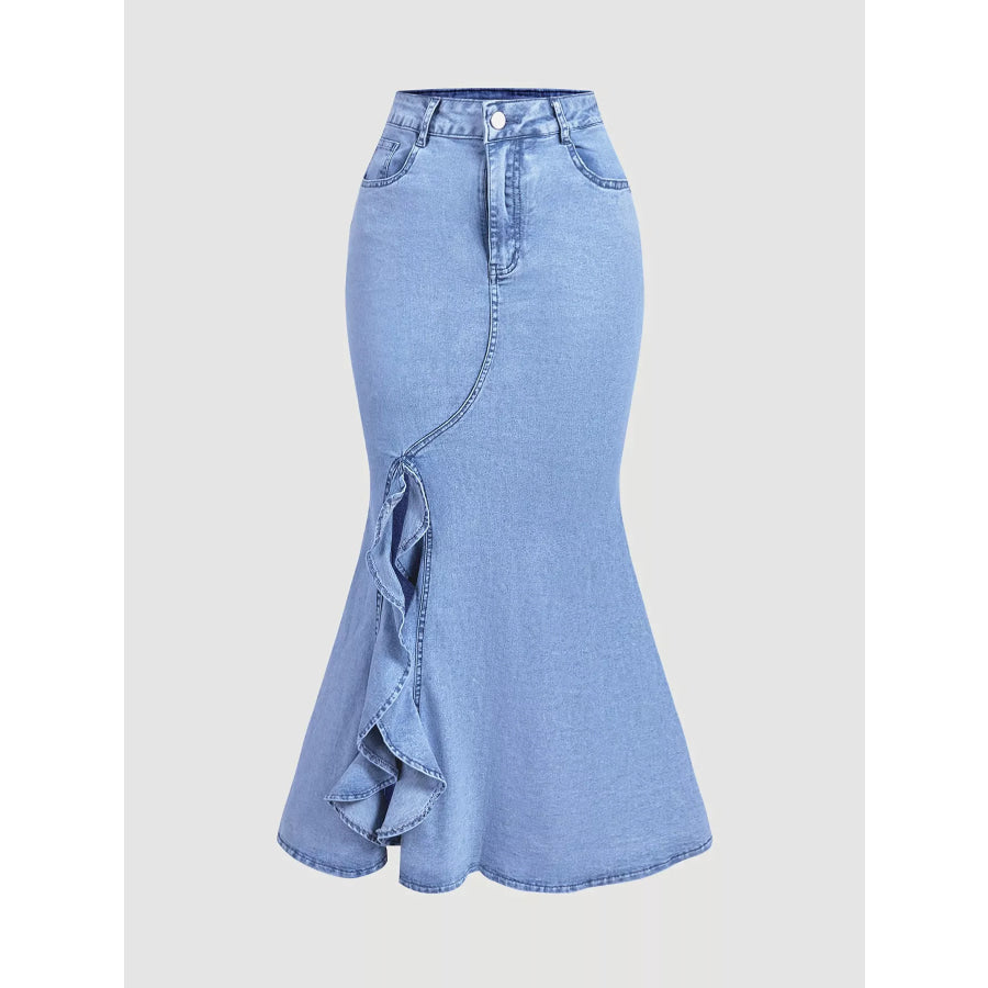 High-Waisted Ruffled Mermaid Denim Skirt Blue / XS
