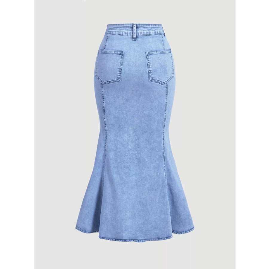 High-Waisted Ruffled Mermaid Denim Skirt