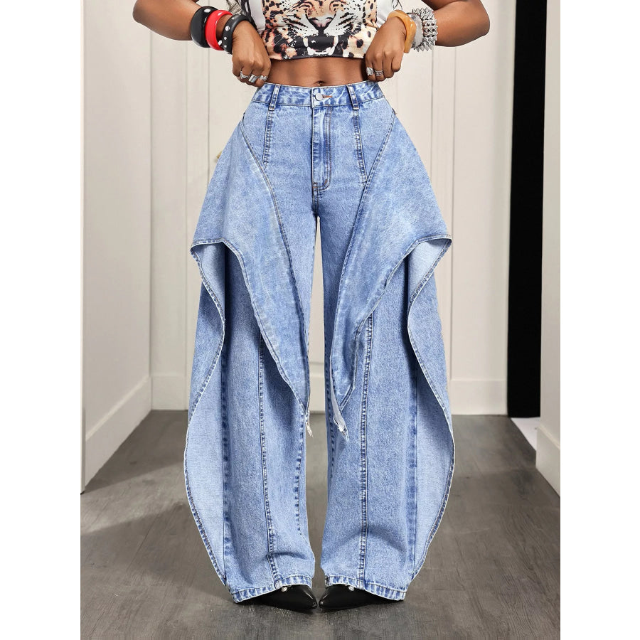 High-Waisted Ruffled Wide-Leg Jeans Blue / S Apparel and Accessories