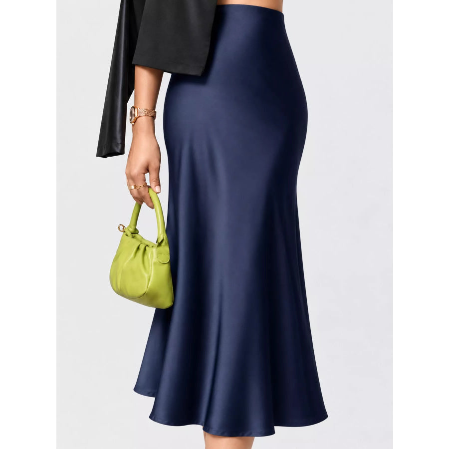 High-Waisted Satin Midi Skirt Apparel and Accessories