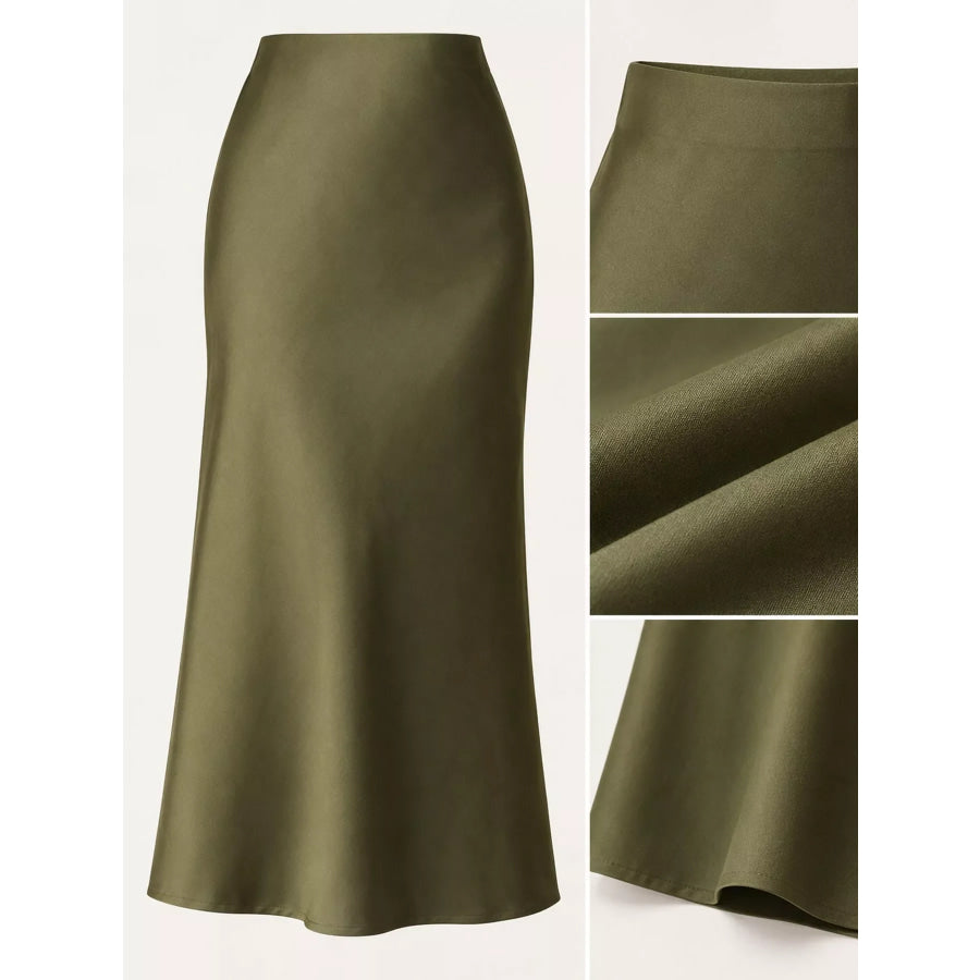 High-Waisted Satin Midi Skirt Apparel and Accessories
