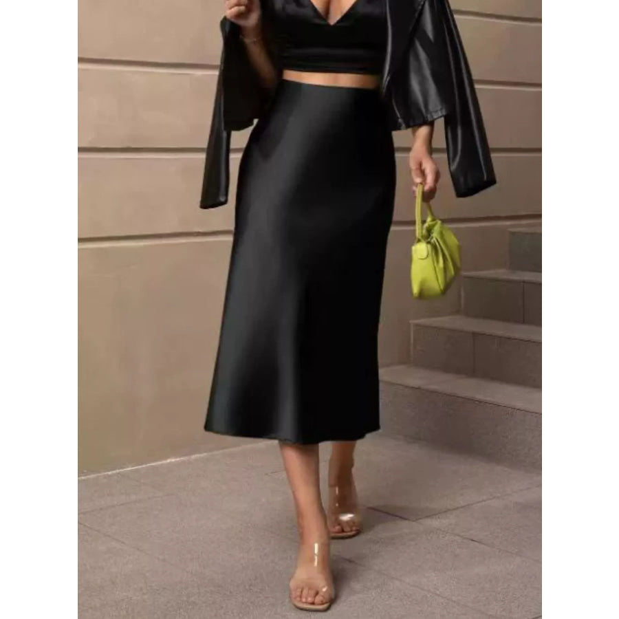 High-Waisted Satin Midi Skirt Apparel and Accessories