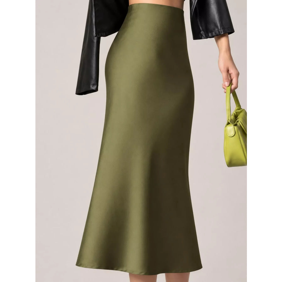 High-Waisted Satin Midi Skirt Apparel and Accessories
