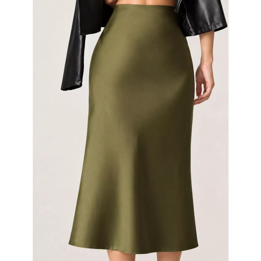 High-Waisted Satin Midi Skirt Army Green / S Apparel and Accessories
