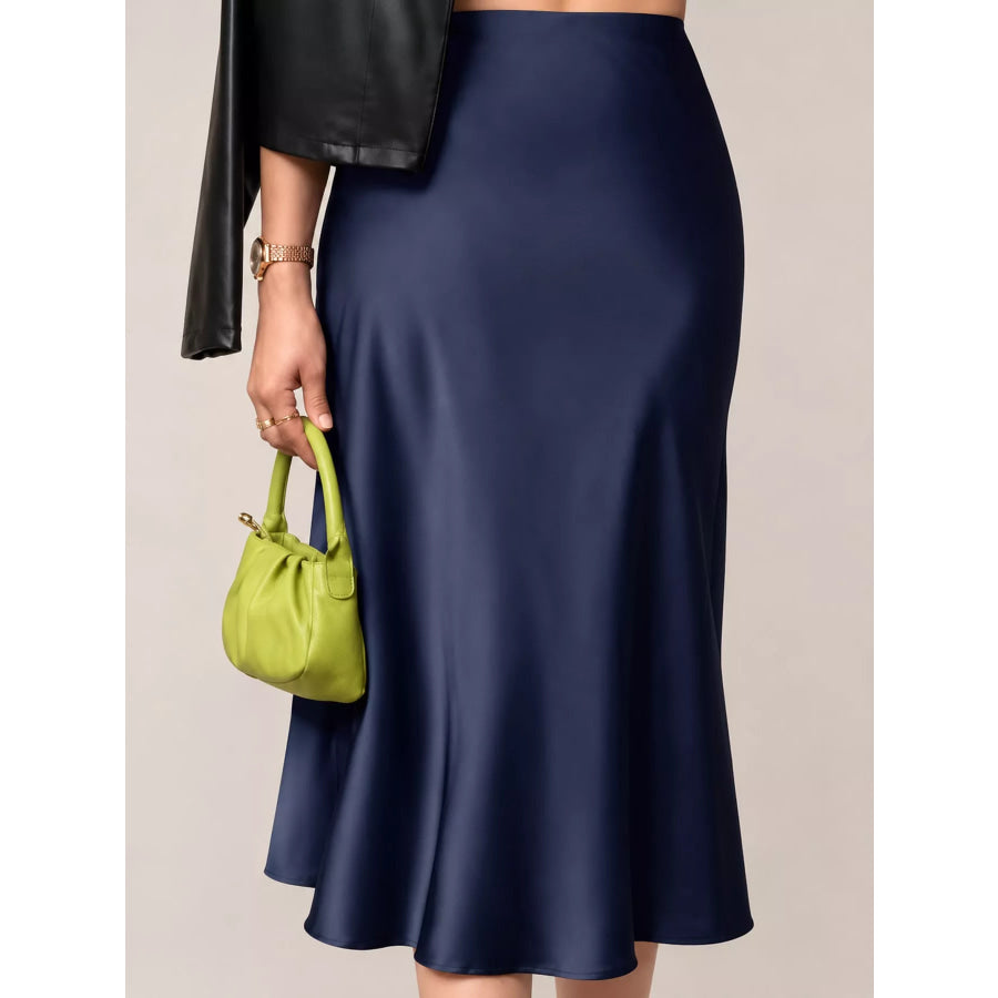 High-Waisted Satin Midi Skirt Dark Blue / S Apparel and Accessories