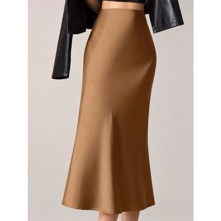 High-Waisted Satin Midi Skirt Dark Brown / S Apparel and Accessories