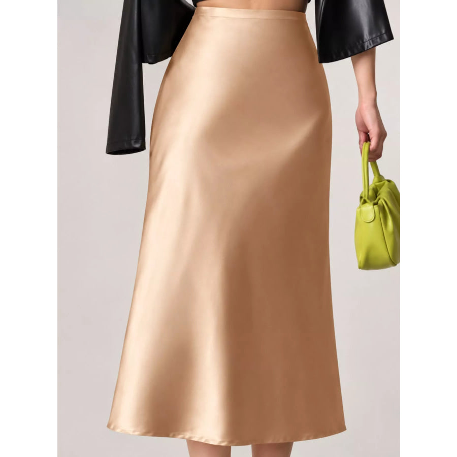 High-Waisted Satin Midi Skirt Khaki / S Apparel and Accessories