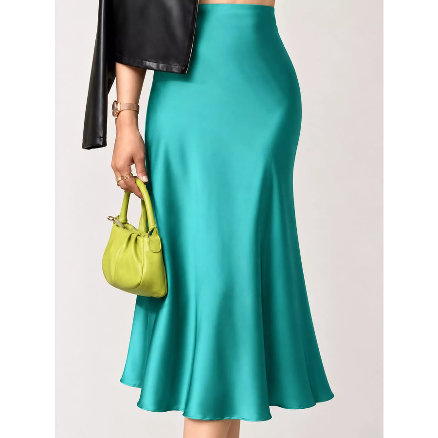 High-Waisted Satin Midi Skirt Lake Blue / S Apparel and Accessories