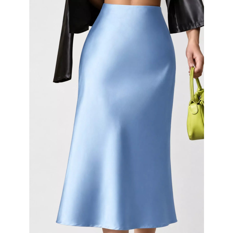 High-Waisted Satin Midi Skirt Light Blue / S Apparel and Accessories