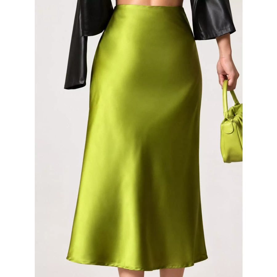 High-Waisted Satin Midi Skirt Olive / S Apparel and Accessories