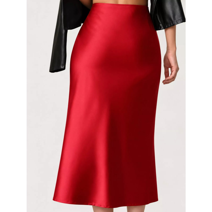 High-Waisted Satin Midi Skirt Red / S Apparel and Accessories