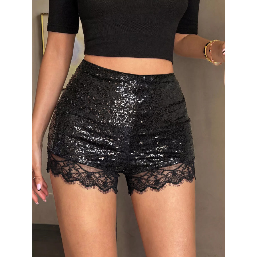 High-Waisted Sequin Embellished Lace Trim Party Shorts Black / S Apparel and Accessories