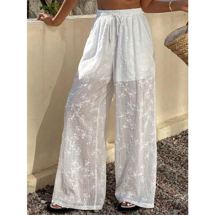 High-Waisted Sheer Floral Embroidered Wide-Leg Pants Apparel and Accessories