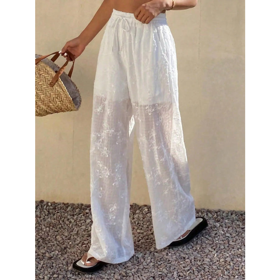 High-Waisted Sheer Floral Embroidered Wide-Leg Pants White / S Apparel and Accessories