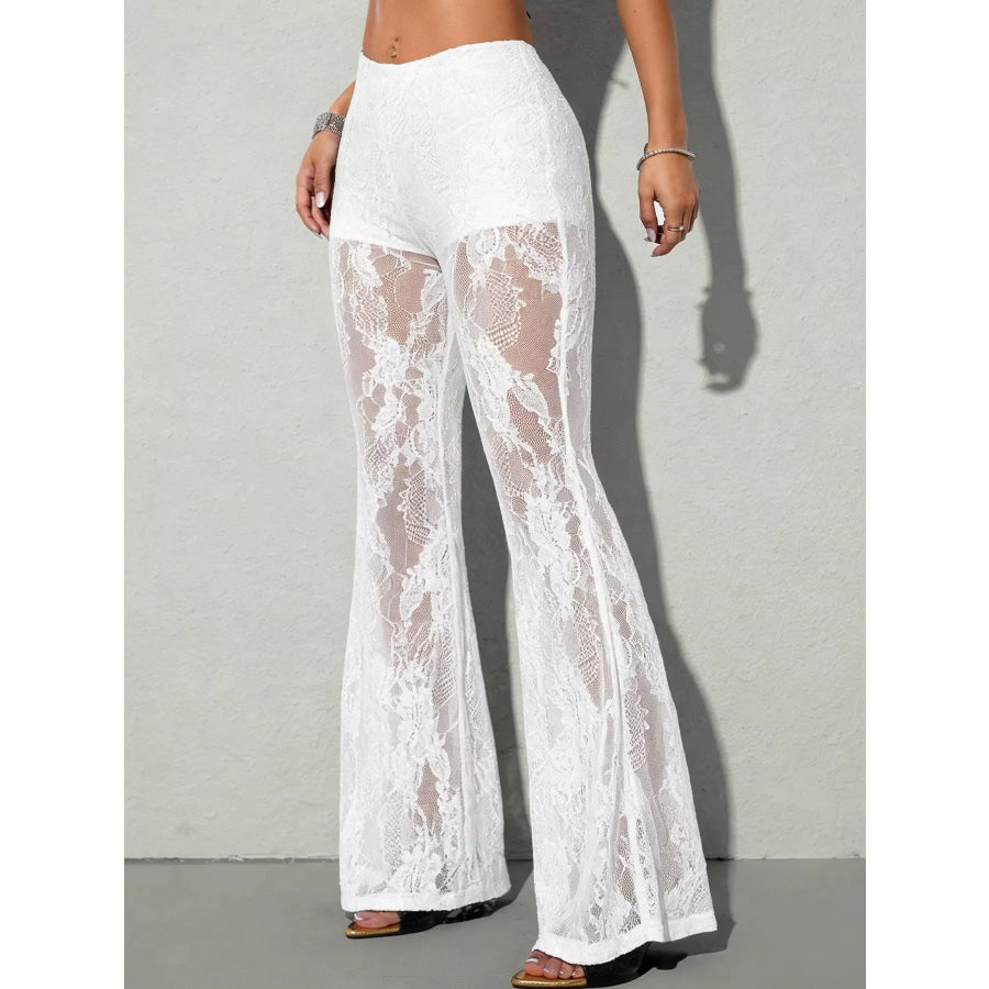 High-Waisted Sheer Floral Lace Flare Pants