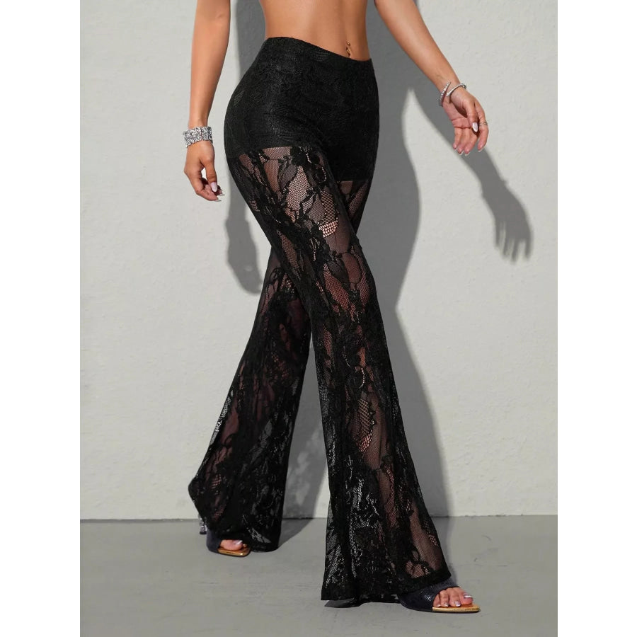 High-Waisted Sheer Floral Lace Flare Pants