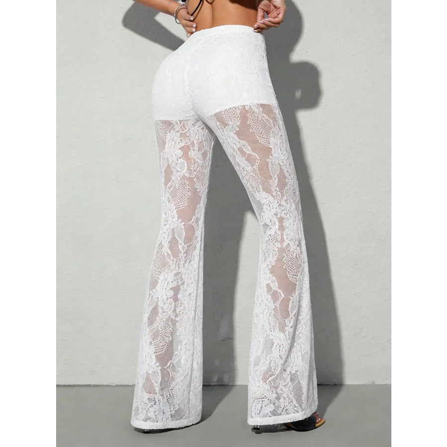 High-Waisted Sheer Floral Lace Flare Pants