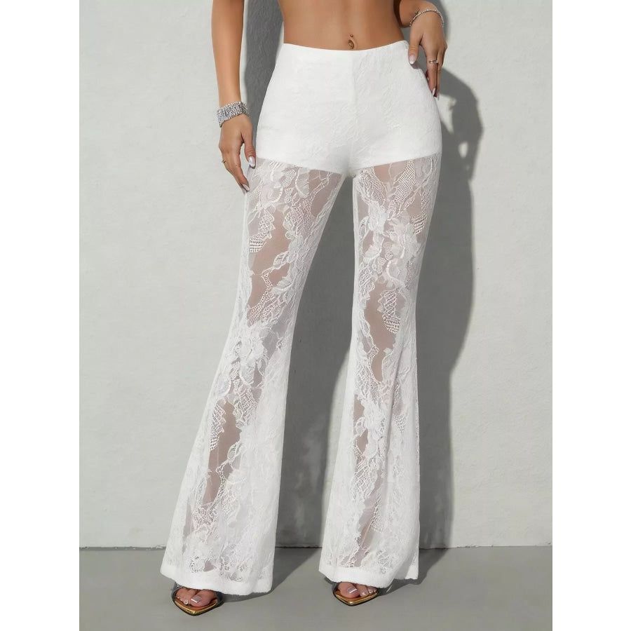 High-Waisted Sheer Floral Lace Flare Pants White / S