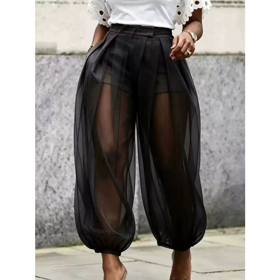 High-Waisted Sheer Tulle Balloon Pants Black / S Apparel and Accessories