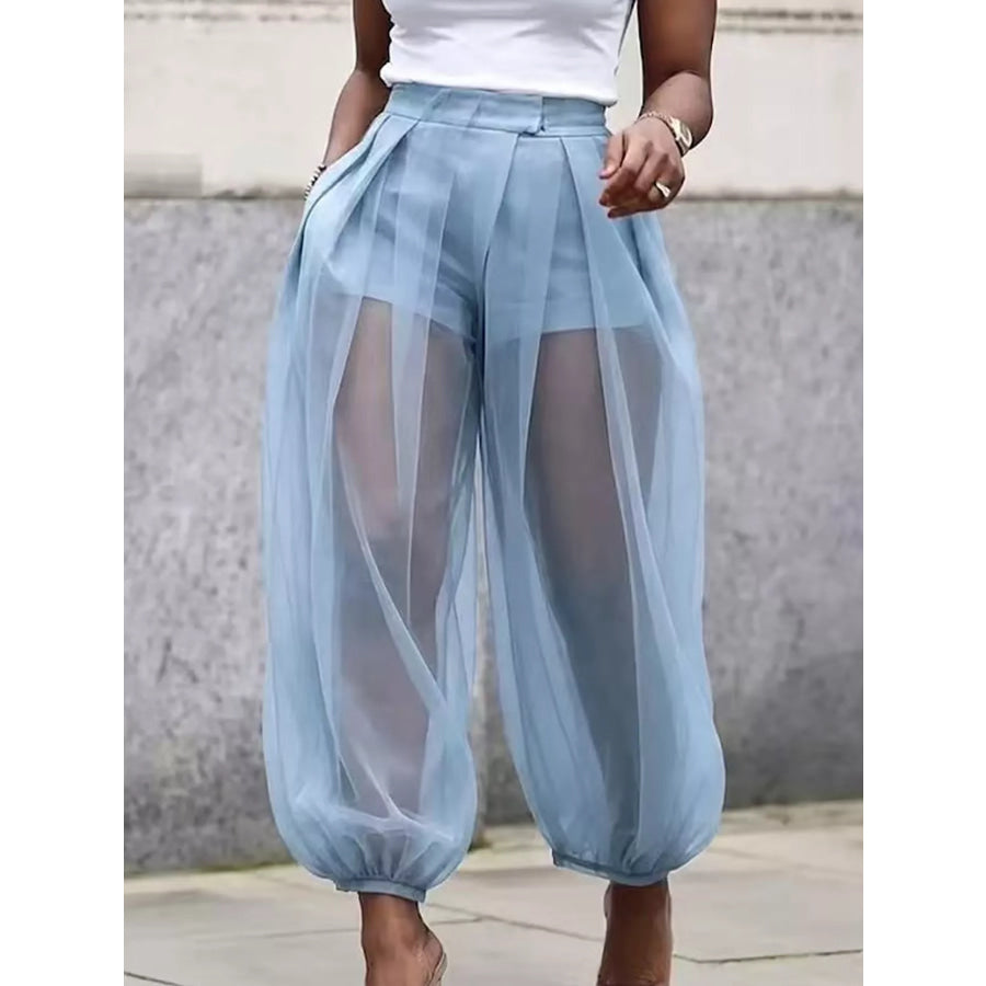 High-Waisted Sheer Tulle Balloon Pants Blue / S Apparel and Accessories