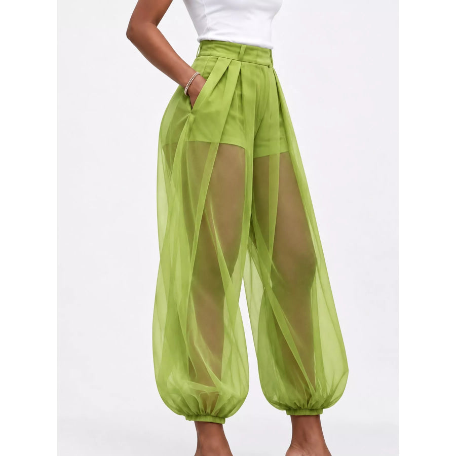 High-Waisted Sheer Tulle Balloon Pants Green / S Apparel and Accessories