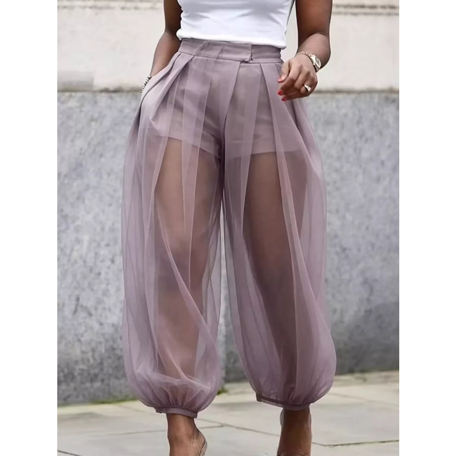 High-Waisted Sheer Tulle Balloon Pants Light Purple / S Apparel and Accessories