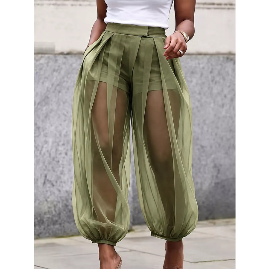 High-Waisted Sheer Tulle Balloon Pants Olive Green / S Apparel and Accessories